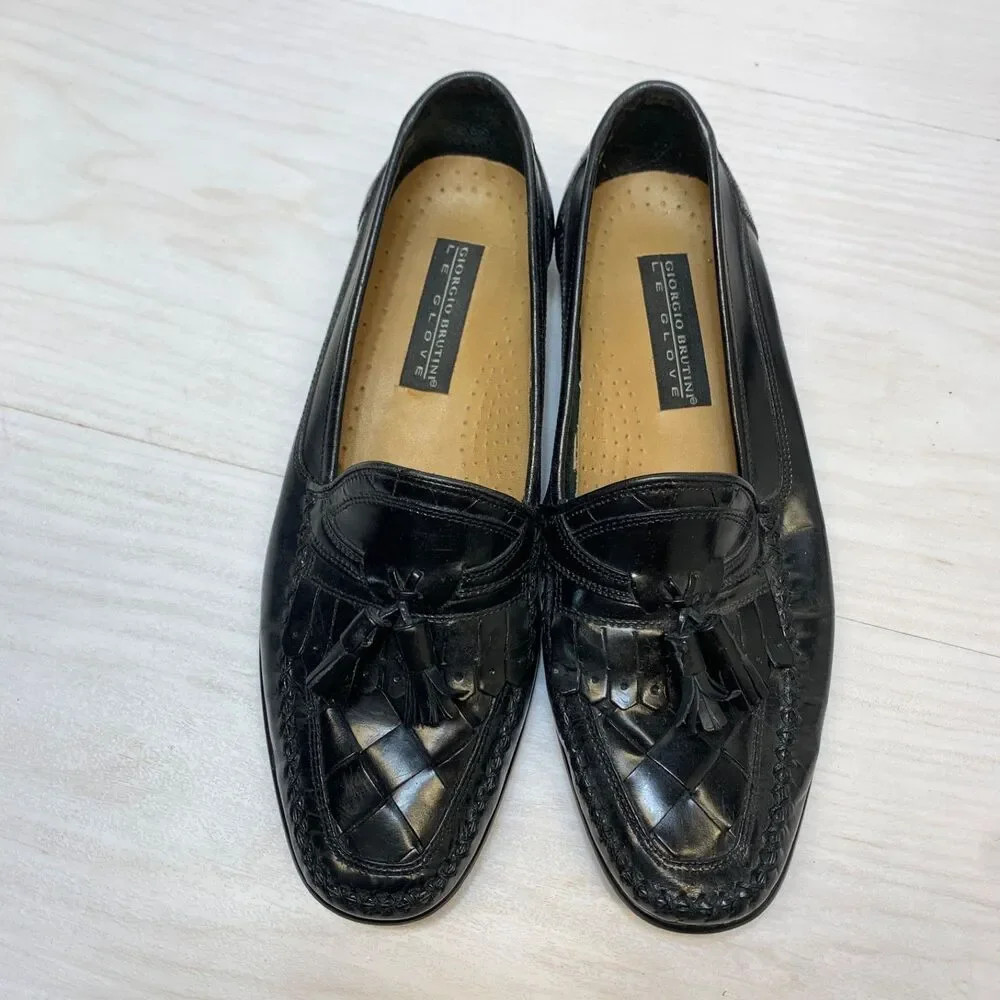 Giorgio Brutini Mens Size 9D Le‎ Glove Tassle Kiltie Black Woven Leather Loafers